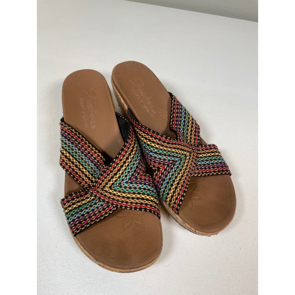 Skechers Wedge Sandals Women's Size 8 Multi Color Woven Luxe Foam Cork Heel Boho